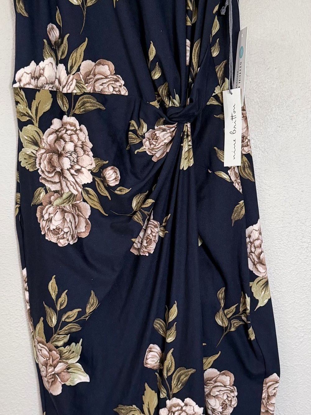 nine britton Navy Floral Tee with Pink and Olive Blooms